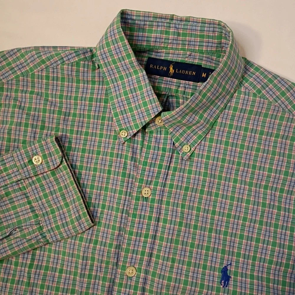 Polo Ralph Lauren Shirt Men Medium Green Pink Plaid Button Down Long Sleeve Pony